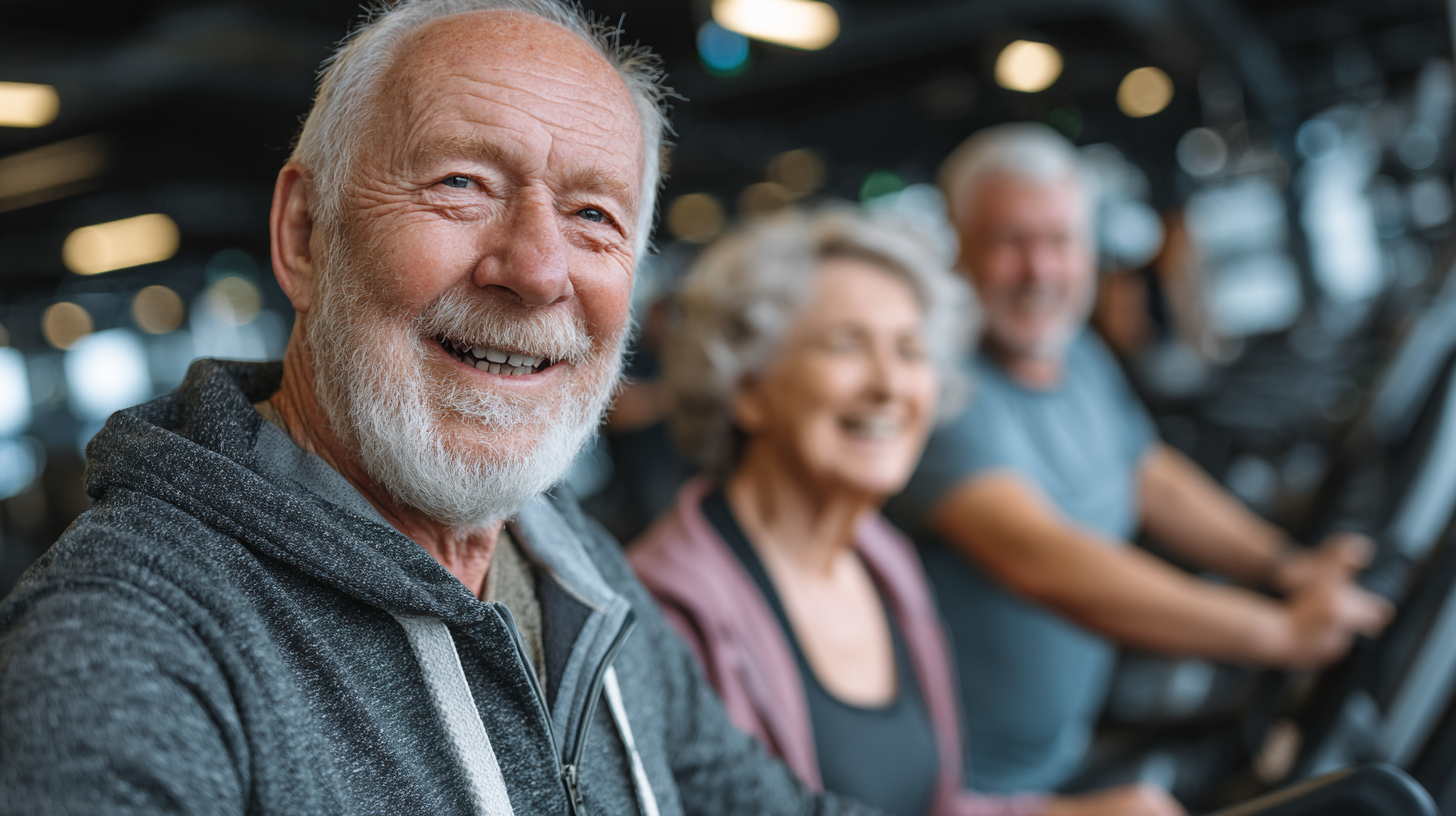 Grup de seniori practicând exerciții de fitness într-un cadru natural și relaxant